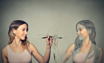 woman drawing a picture, sketch of herself