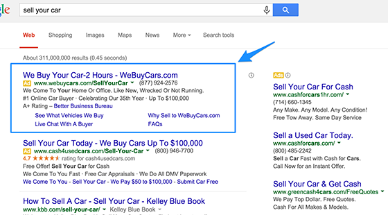 Google ad copy strategies example we buy cars 