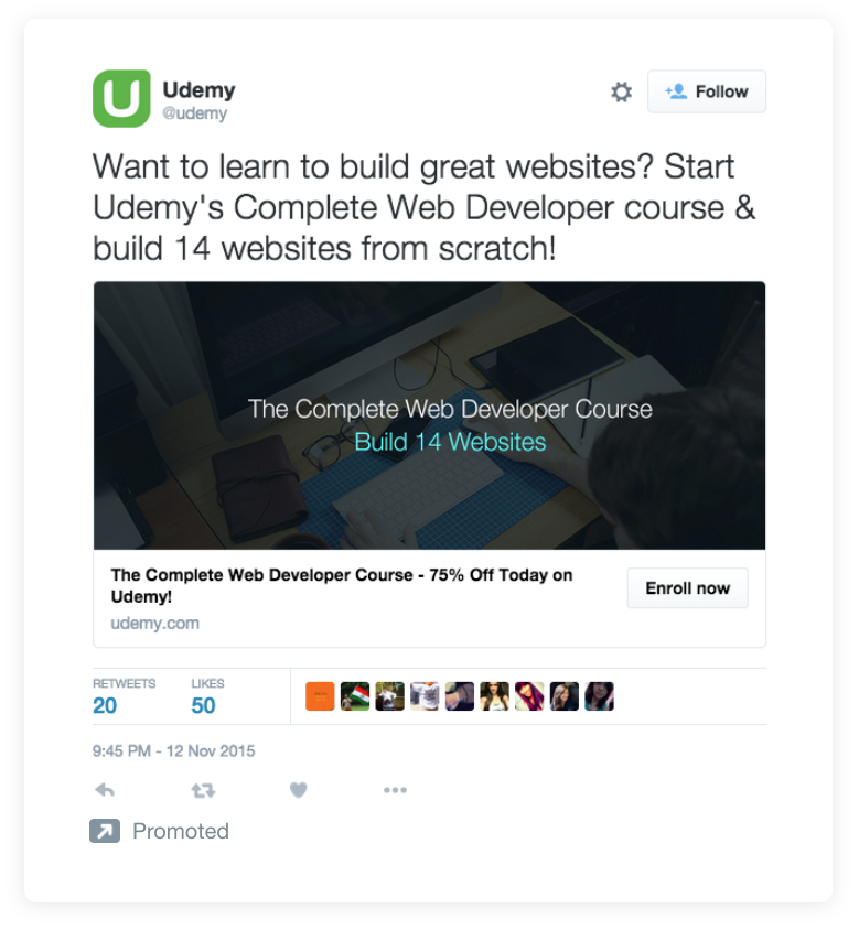 udemy example twitter ad copy strategy 