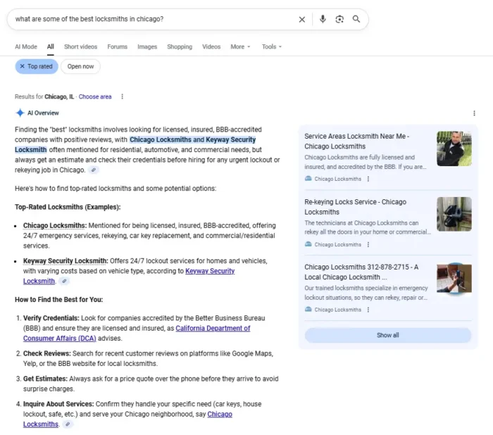 An AI overview of what are some of the best locksmiths in Chicago.