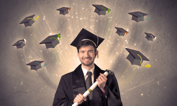 College graduate with many flying hats