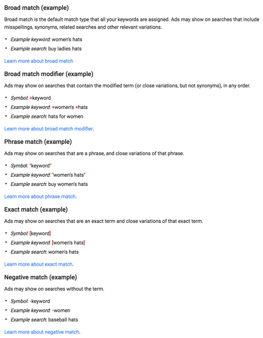 What are match types? Google Search Network Ads 