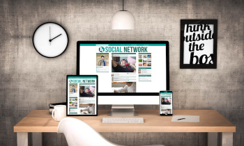office workplace with social media devices collection