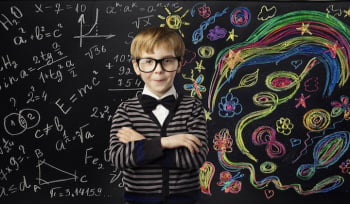 Kid Creativity Education Concept, Child Learning Art Mathematics Formula, School Boy Ideas on Black Chalk Board
