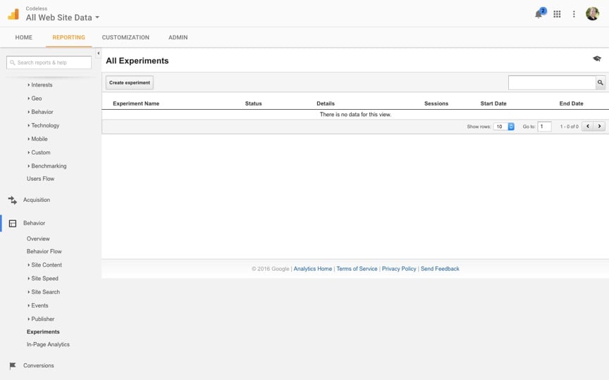Google Analytics Testing: All Experiments Page