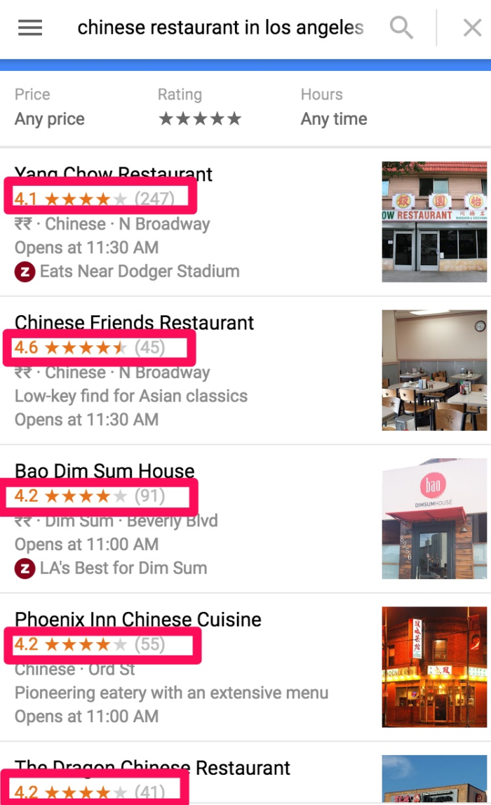 Google maps marketing Chinese restaurant in LA reviews