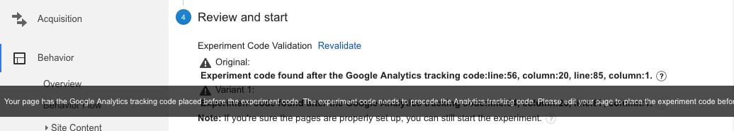 Codes experiment. Tracking code Google Analytics.