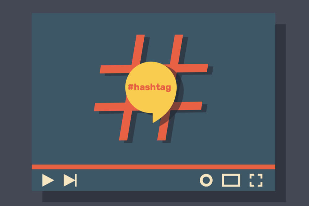 ilustraçao demonstrando video no youtube com simbolo de hashtag em tela