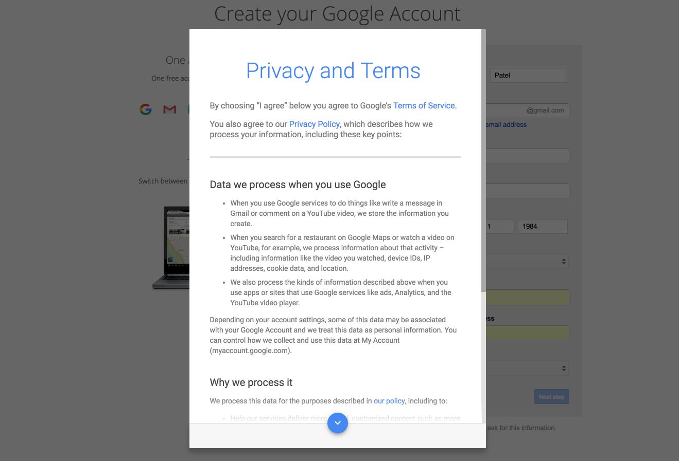 termo de privacidade para criar um conta de e-mail no google