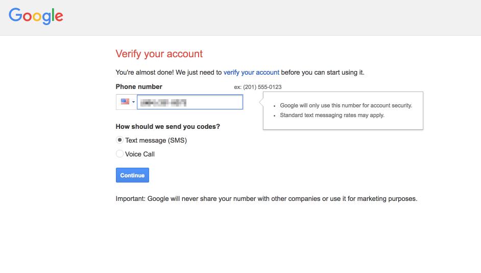 tela de verificação após criar uma conta de e-mail no google