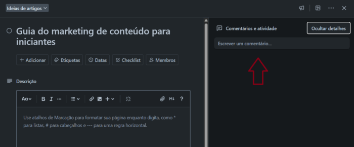 como usar o trello: card comentário