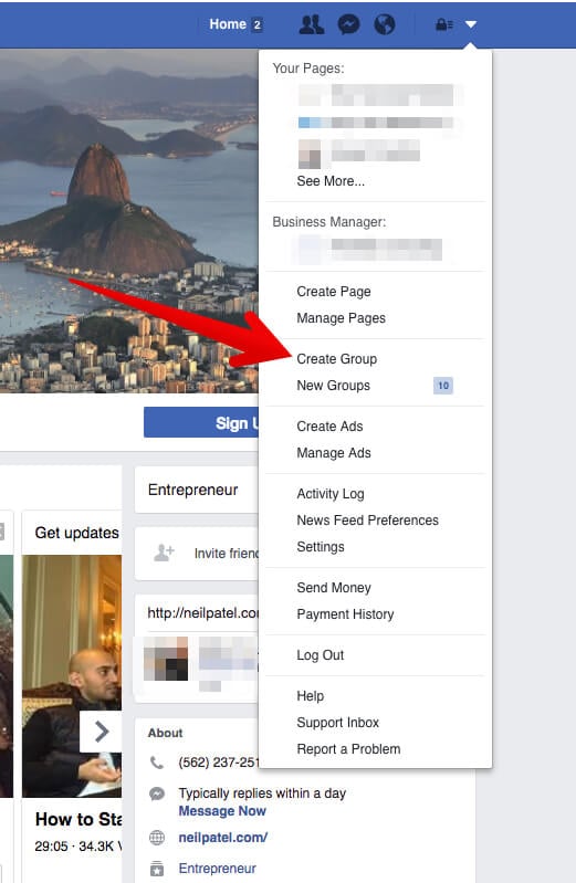 configurações do facebook e botão para criação de grupo evidenciado por flecha vermelha