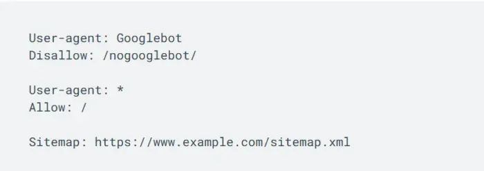 An example robots.txt rule allowing Googlebot to crawl any webpage on www.example.com that doesn’t have the /nogooglebot/ URL slug 