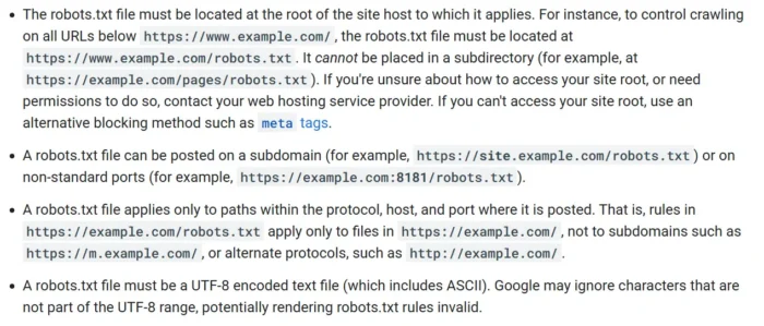 Google documentation explaining the correct location and formatting for a robots.txt file  