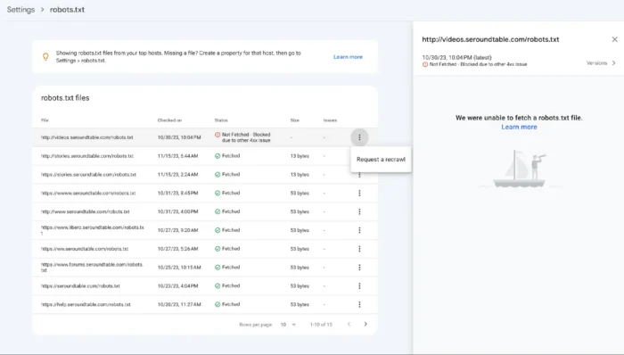 A screenshot displaying the location of the robots.txt report within Google Search Console 
