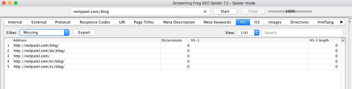H1 tag-lista över sidor som saknas h1-taggar (från screaming frog report)