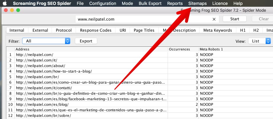 onglet sitemaps dans Screaming Frog