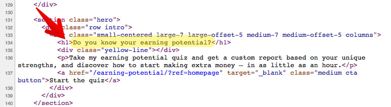 h1 tag-przykład w kodzie źródłowym dla Ramit Sethi