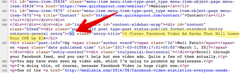 Etiqueta H1- "hacks de vídeo de Facebook" en el código fuente y el título