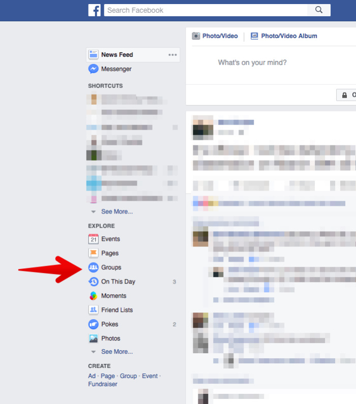página inicial do facebook com flecha evidenciado o ícone de Grupos