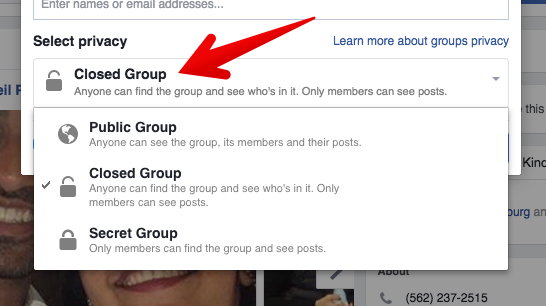 seleção de nível de privacidade de novo grupo do Facebook