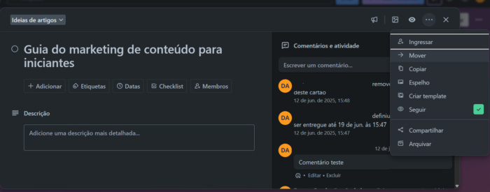 como usar o trello: mover cartão para outro quadro