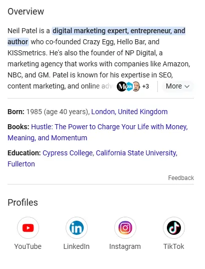 Google Knowledge Panel featuring biographical information about Neil Patel.