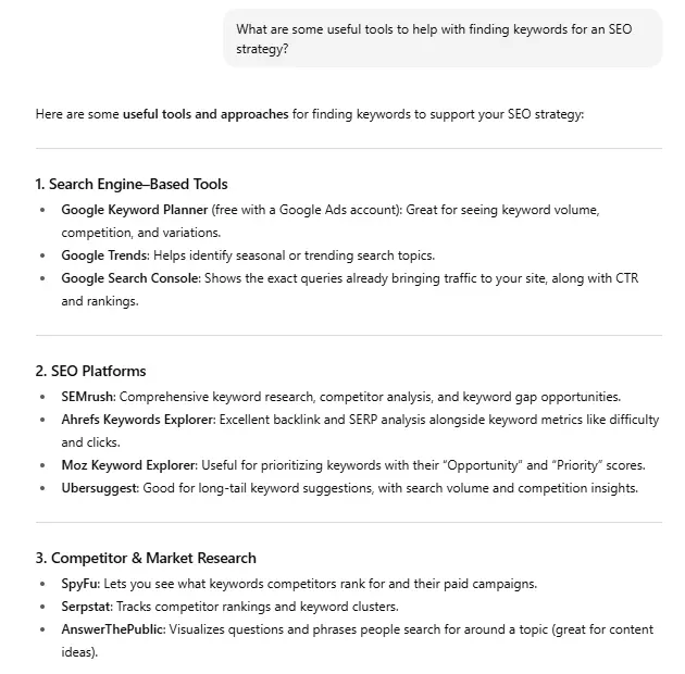 ChatGPT response showing brand mentions without hyperlinks.