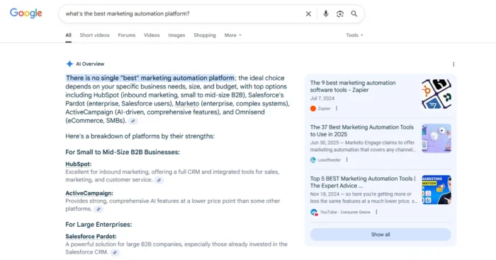Google AI Overview result for the query ‘what’s the best marketing automation platform?’