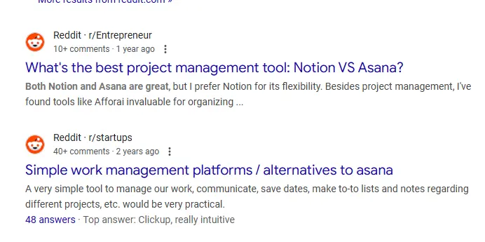 Google search results showing Reddit discussions where brands like Notion and Asana are mentioned without links, illustrating brand mentions as implied links.