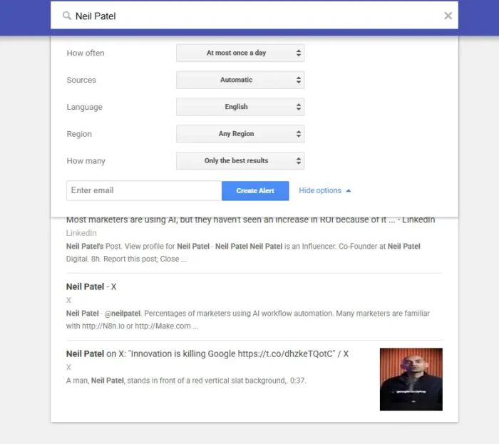 Google Alerts setup screen showing brand name alert and customization options.