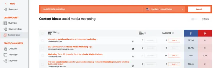 Ubersuggest content idea results for the term ‘social media marketing’.”