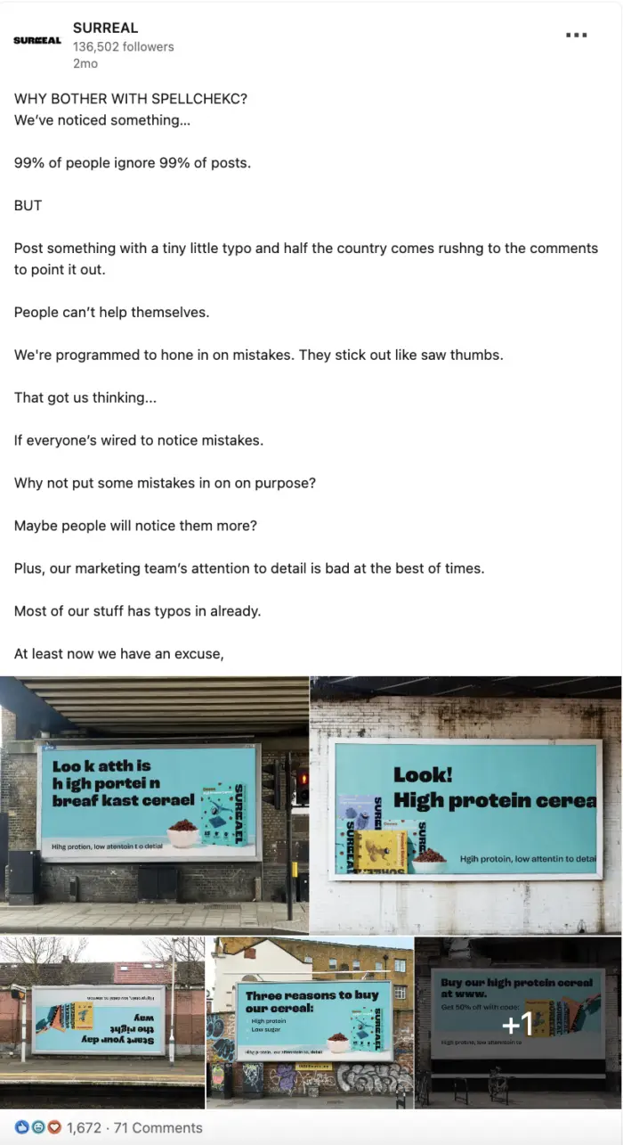 LinkedIn post from Surreal cereal explaining their marketing experiment of using intentional typos to grab attention.