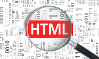 Website development and web design concept. HTML programming language magnifying glass in binary code.