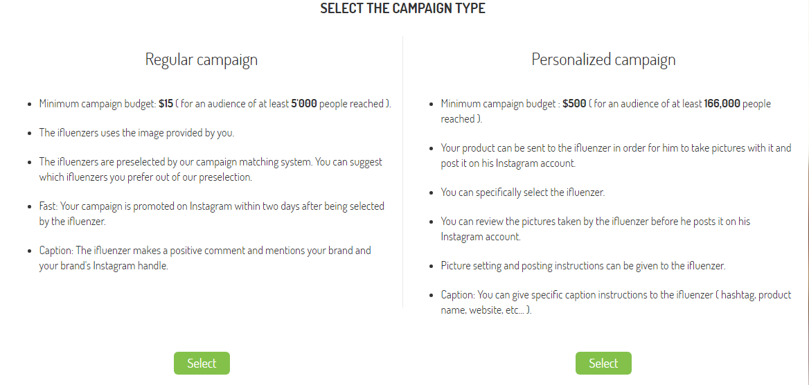 select campaign type influencer marketing to drive instagram sales 