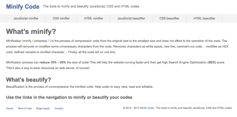 minify code tool make site load faster