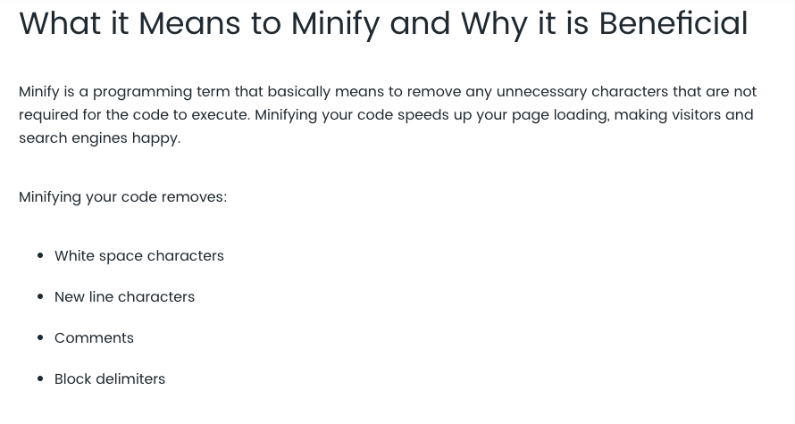 make site load faster minify code definition 