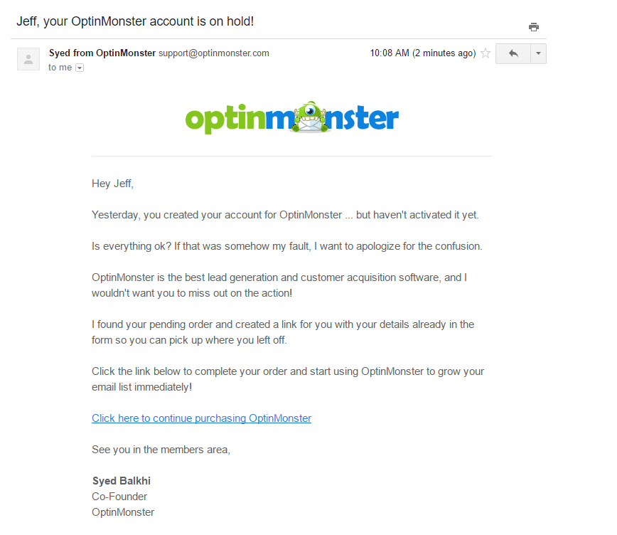 account on hold optinmonster email