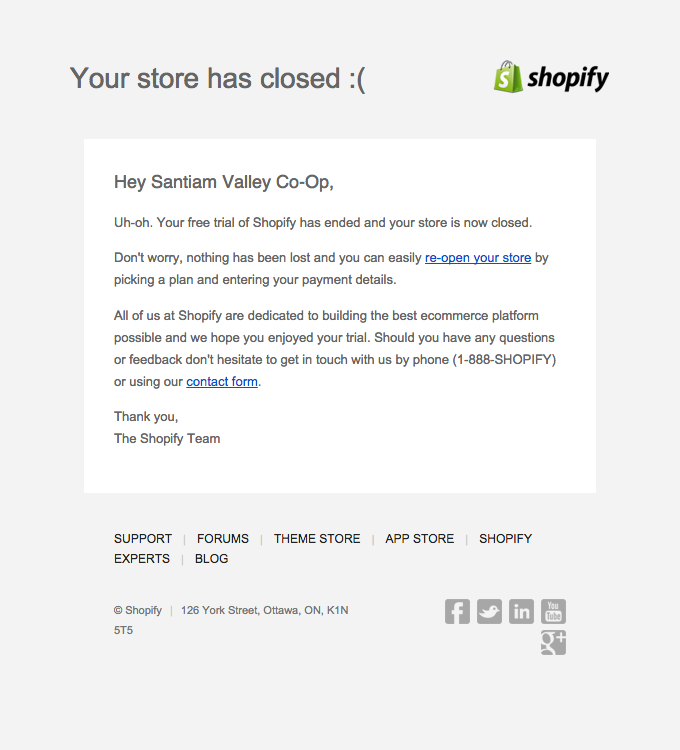 store closed triggered email