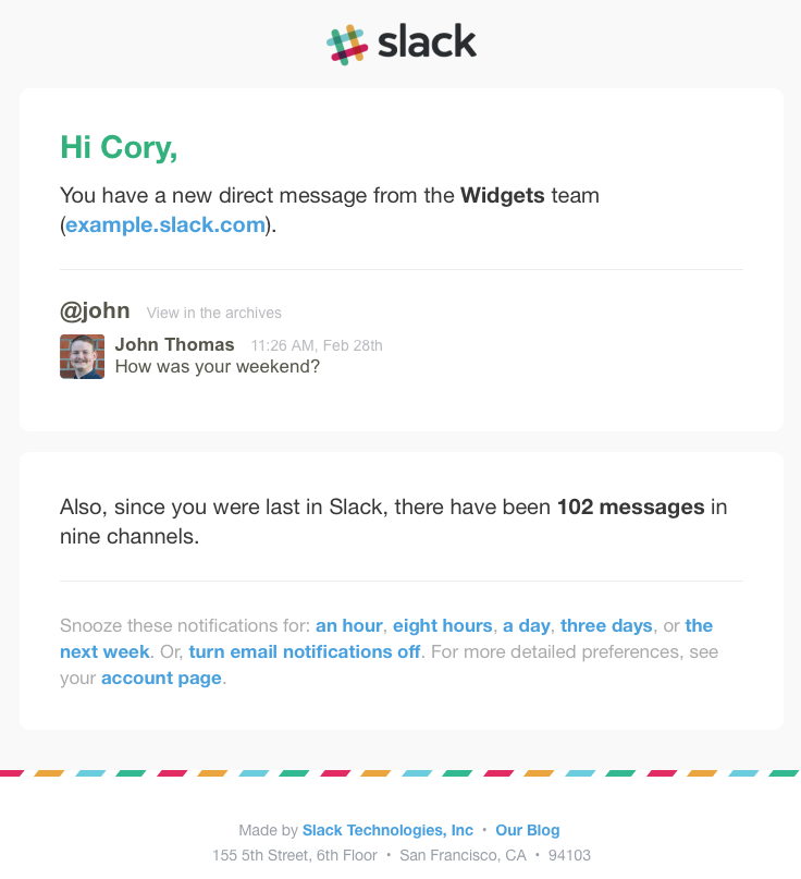 slack unread message sent email