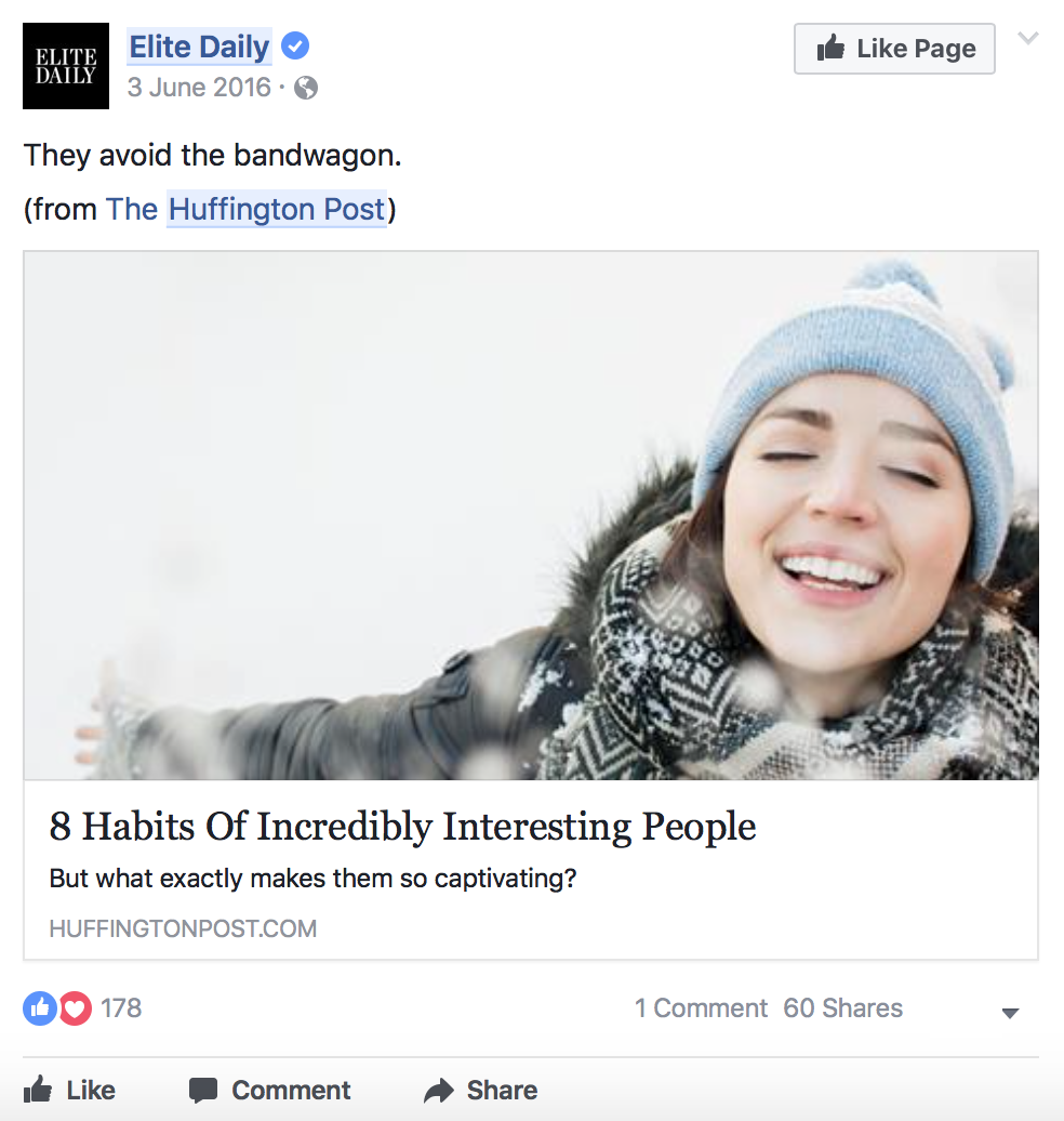 A Huffington Post blog post shared on the Elite Daily Facebook page.