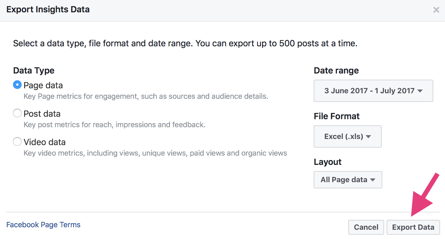 Options d'exportation de données d'exportation de portée organique de Facebook. 