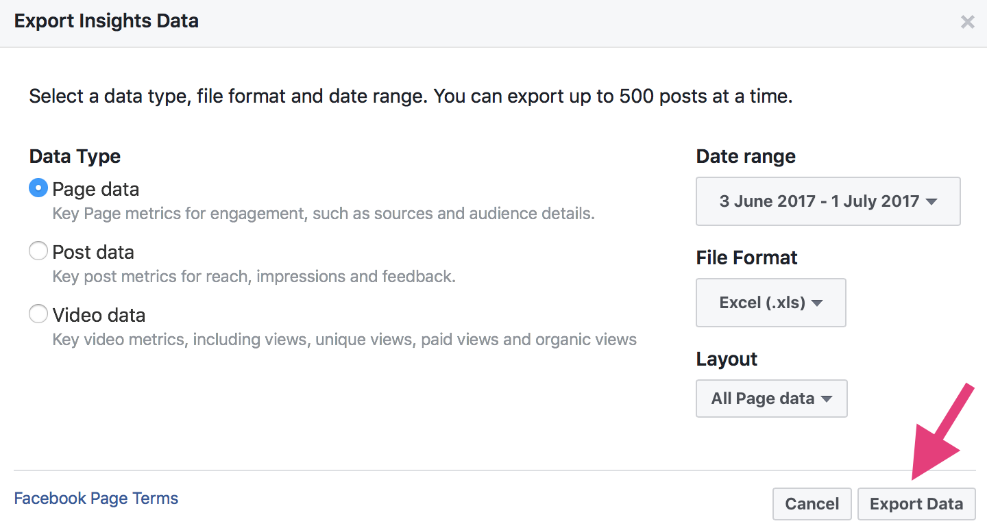 Different export insights information  options for Facebook.