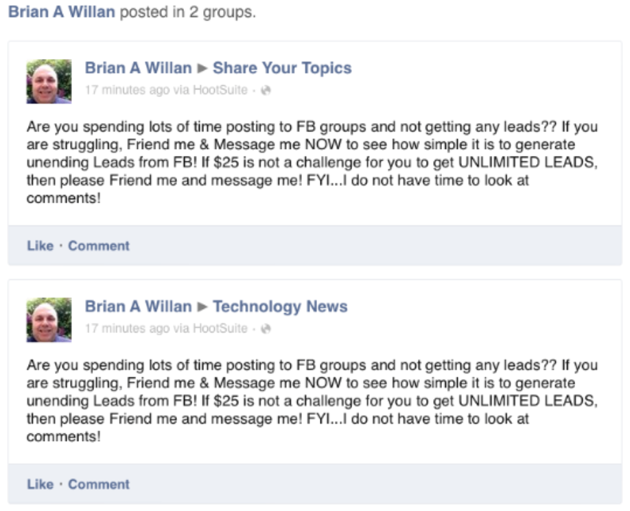 An example of spam in Facebook groups.