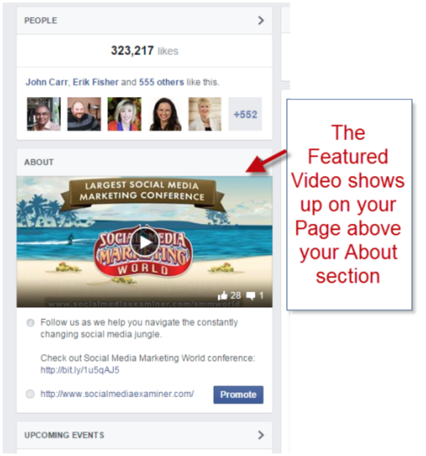 A featured video connected  a Facebook page.