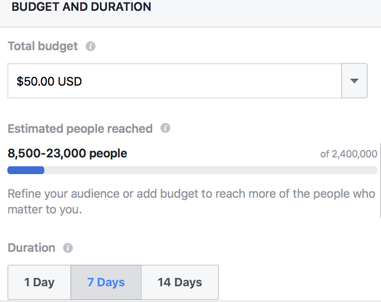 Facebook's functionality to take  advertisement  fund  and duration for a campaign.