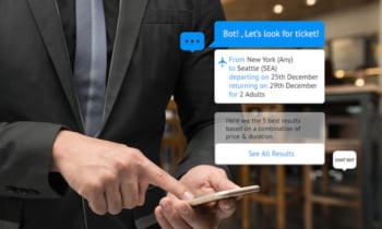 Chat bot and future marketing concept . Business man hand holding smartphone look for ticket and popup out smart phone screen with automatic chatbot message screen , coffee shop background