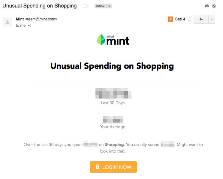mint unusual spending email