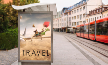 Billboards with advertising of conceptual travel. At city street