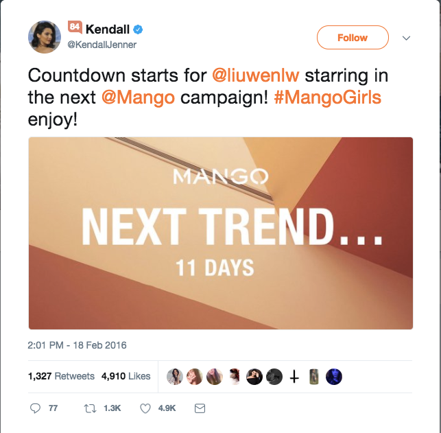 Kendall on Twitter Countdown starts for liuwenlw starring in the next Mango campaign MangoGirls enjoy https t co tq6tG5ZCjD 